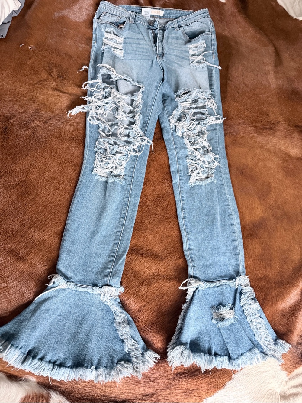 Aphrodite Light Blue Distressed Flare Jeans with Frayed Bell Hems